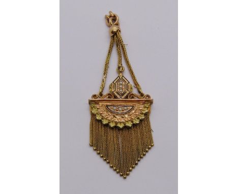French 18ct rose and yellow gold fringe pendant, with seed pearl and black enamel detail, 7.5cm L approx, 10.8g 