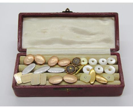 Collection of cufflinks and dress studs to include a pair of 9ct cufflinks, 3.6g, all contained in a red leather ring case 