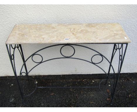 A small marble topped wirework garden table, 87 x 28cm 