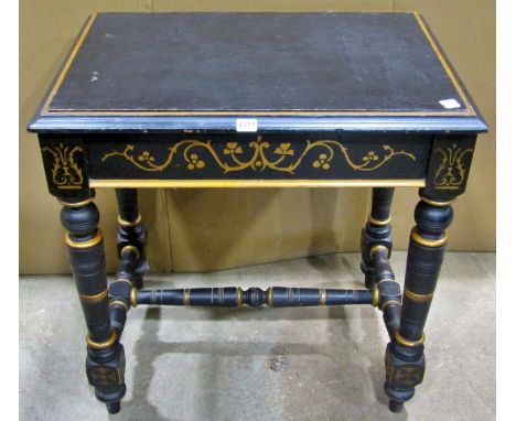 A decorative painted pine side table, with japanned finish and gilt scrolling and banded borders, 76cm high, 72 x 50cm 