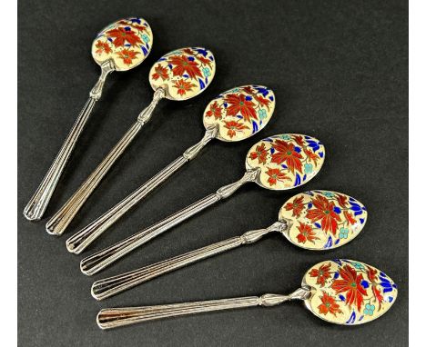 A set of six silver and enamel teaspoons, Birmingham 1935, maker Mappin &amp; Webb, 2.2 ozs approx 
