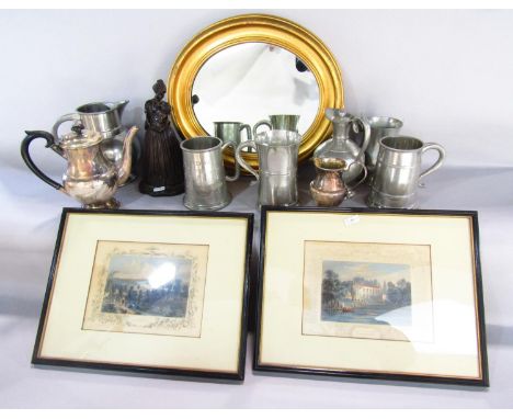 Four pewter tankards, two pewter water jugs, a silver plated teapot and jug, an oval gilt framed mirror, a bronzed resin stud