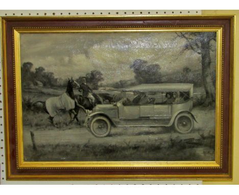 George Wright (British 1860-1942), a figure on horseback leading a race horse, accosted by figures in an automobile speeding 