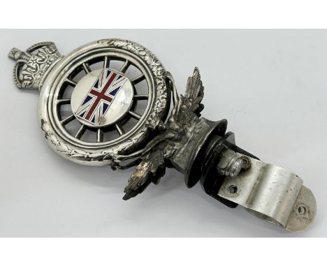 A silver plated Royal Automobile Club hood ornament, with enamelled Union Jack flag and profile of King Edward VII. 