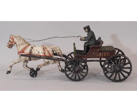 Early 20th century cast iron toy horse-drawn fire wagon probably by Hubley (American) length 38cm, together with vintage tin 