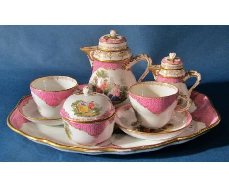 An eight piece Meissen porcelain tea/coffee set comprising lidded pot, milk jug, sugar basin, two cups, two saucers and tray,