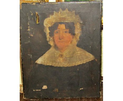 19th century English school, a half length portrait of a lady in white bodice, oil on canvas, af, unframed, 70 x 55 cm 