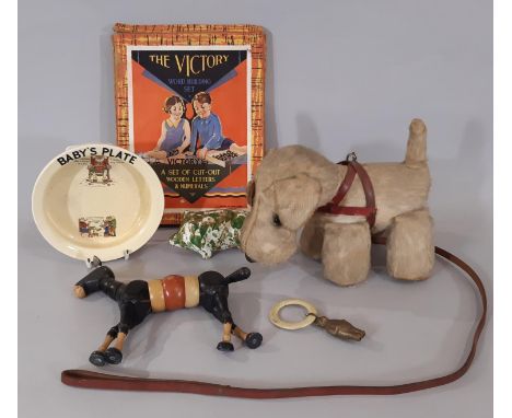 Vintage toy Scottie dog by Dean's Rag Book, together with 'The Victory' Word Building Game, Bovey Pottery plate, teething rin