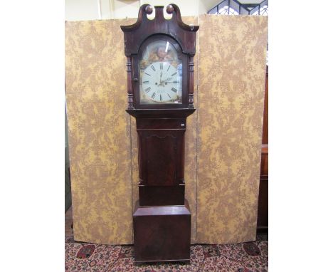 Mid 19th century mahogany  longcase clock, the hood with turned columns and swan neck pediment enclosing a broken arched pain