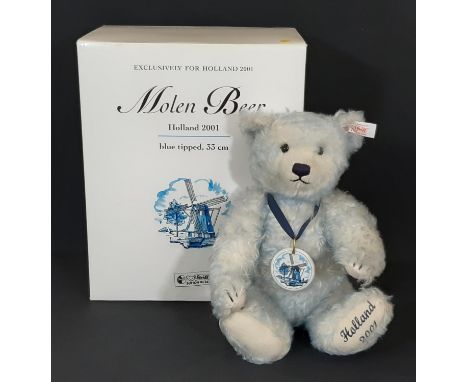 'Molen' Holland 2001  teddy bear by Steiff with blue tipped fur and pictorial pendant. Height 33cm, in original box with cert