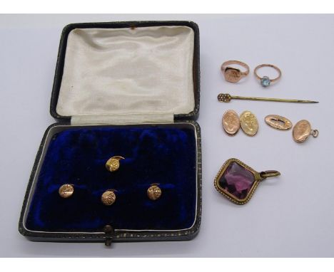 Collection of antique jewellery to include a 9ct signet ring, 3.1g, a 9ct blue paste ring, 1.2g, etc 