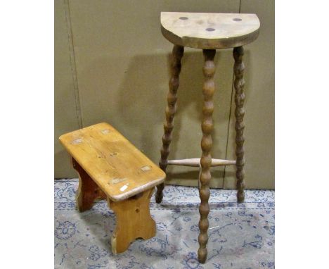 A small pine tablet-top stool, together with a further taller example with turned bobbin supports (2) 