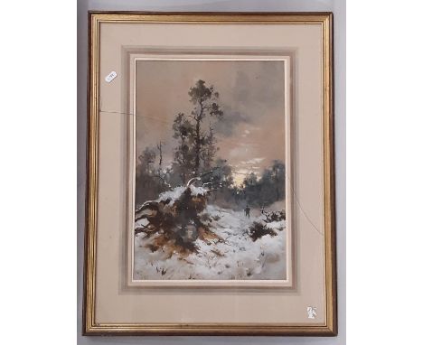 19th century British School, winter landscape with figure walking a moonlit path beside woodland, initials ‘R J’ and dated 18