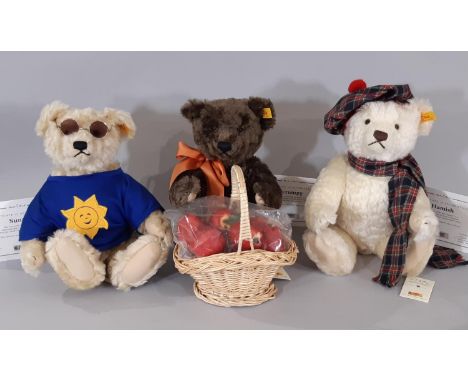 Three teddy bears from the Steiff Four Seasons' range including 'Scrumpy' with apples unopened in sealed pack, 'Sunny' and 'H
