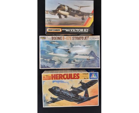 Three 1:72 scale boxed model aircraft kits including Hercules Gunship by Italaeri, Victor K2 by Matchbox and Boeing Strato Je