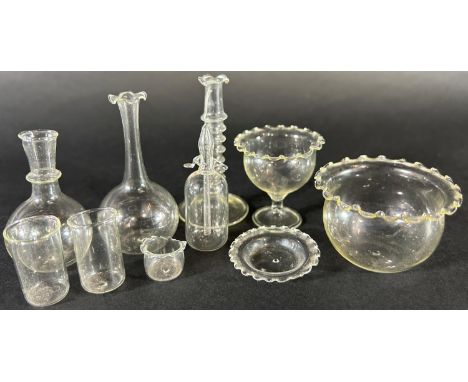 A set of miniature hand blown glass doll’s house glass ware, including carafes, a bowl, beakers, candlestick, etc 