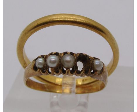 Two antique yellow metal rings; a wedding ring, size W, 4.6g and a pearl ring (af), size O/P, 2.7g 