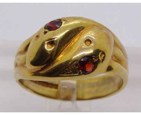 Antique style 9ct snake ring set with two garnets, maker 'W.J.P', Birmingham 1964, size V, 7.5g 