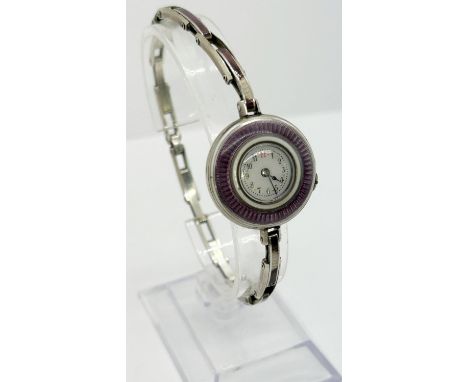 An Art Deco period German silver and purple guilloche enamel cased wristwatch, 10mm enamelled dial, marked 0.935 to case and 