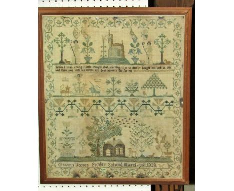 A George IV Welsh cross stich embroidery sampler, completed by Gwen Jones, Penley School, March 25th, 1828, detailing a centr