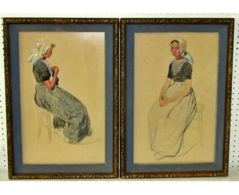 Early 20th century Dutch school, full length portrait studies of seated young ladies, charcoal, pastel and gouache on paper, 