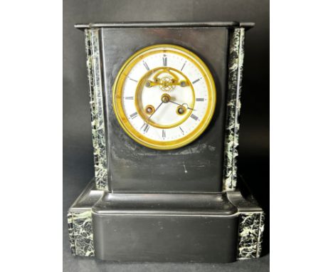 A Victorian marble and slate striking mantel clock with visible escapement, 27cm high x 24cm wide 