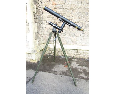 A Broadhurst Clarkson &amp; Co black laminate and brass telescope with a wooden adjustable tripod, and fixings, two tins of e