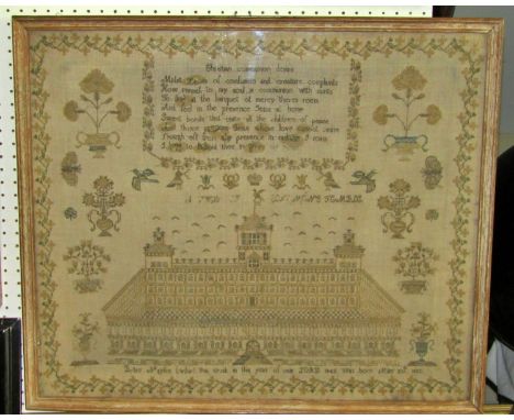 An English Victorian cross stitched embroidered sampler panel detailing a palace facade with scripted panel 'Christian Commun