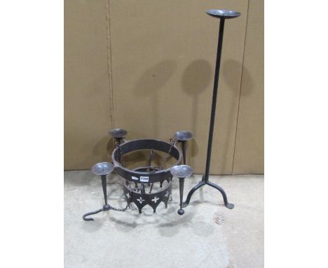 A gothic ironwork ceiling candelabra, 49cm diameter and a pricket candlestick, 78cm high 