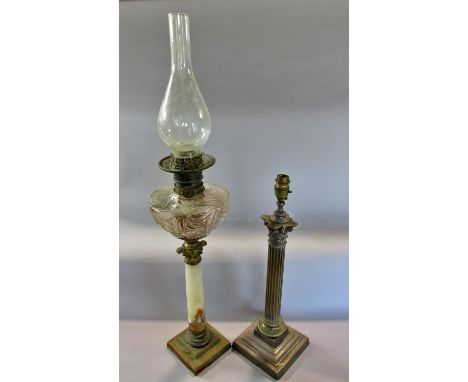 A distressed finish classical Corinthian reeded column table lamp, and a marble Corinthian column oil lamp with a swirled gla