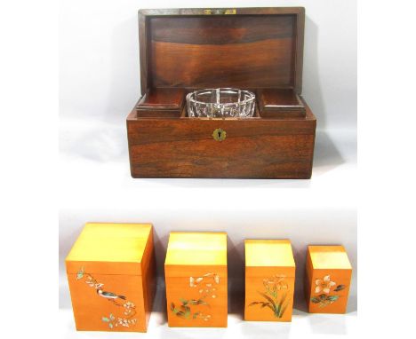 19th century rosewood tea caddy with two rosewood caddy and cut glass mixing bowl, (not original) 31cm x 15cm high, together 