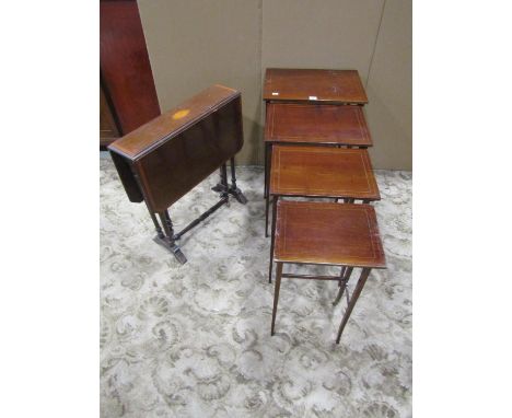 A nest of three Georgian style occasional tables, together with a small mahogany Sutherland tea table 