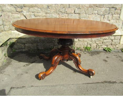 A Victorian mahogany breakfast table, the oval top raised on a carved pillar and shaped supports, 140cm diameter 