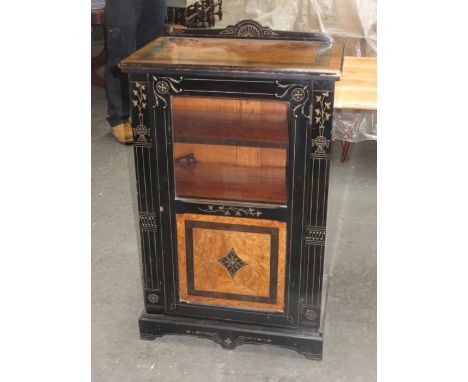 ANTIQUE WALNUT AND EBONISED SINGLE DOOR GLAZED SIDE CABINET 