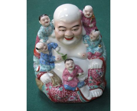 ORIENTAL HANDPAINTED CERAMIC SEATED BUDDHA FIGURE GROUP, STAMPED TO BASE, APPROXIMATELY 24cm HIGH 