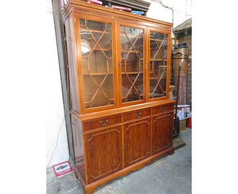 REPRODUCTION YEW COLOURED THREE DOOR GLAZED DISPLAY UNIT 