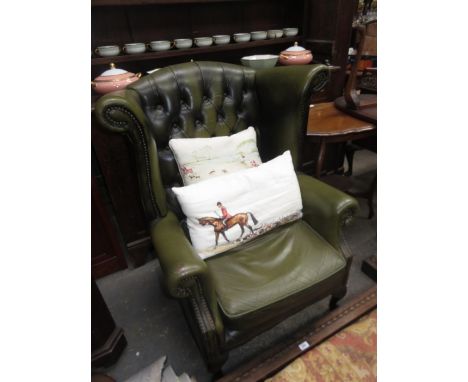 GREEN COLOURED CHESTERFIELD STYLE BUTTON BACK ARMCHAIR 
