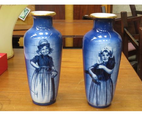VILLEROY &amp; BOCH, METTLECH TWO SIMILAR GILDED BLUE AND WHITE CERAMIC VASES, APPROXIMATELY 29cm HIGH