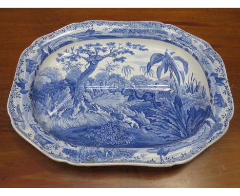 SPODE 19th CENTURY BLUE AND WHITE CERAMIC INDIAN SPORTING SERIES MEAT PLATE AND GRAVY WELL, 'SHOOTING A LEOPARD', APPROXIMATE