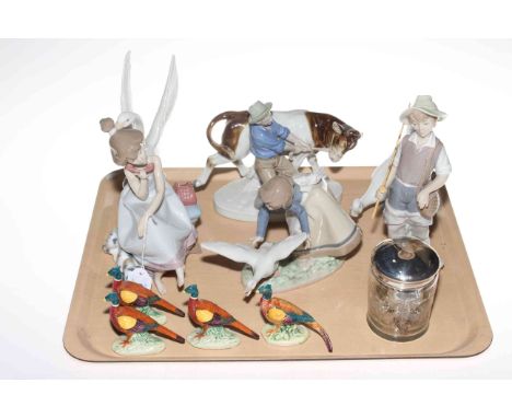 Three Lladro figures, two Nao Geese, Continental group, four Pheasants and silver topped jar.