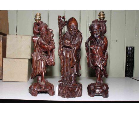 Three Chinese root carvings of figures, two with electric light fittings.