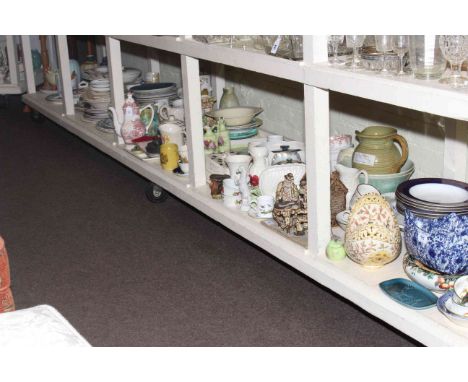 Full shelf of assorted china including Midwinter teaware, bowls, plates, cups and saucers, wall pockets, vases, ornaments, et