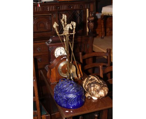 Mahogany and walnut mantel clock, brass kerb and companion set, Winstanley seated cat size 5 and casserole dish.