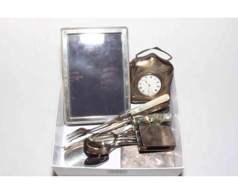 Silver pocket watch with easel travel box, silver photograph frame, card case and matchbox holder, silver handled shoe horn a