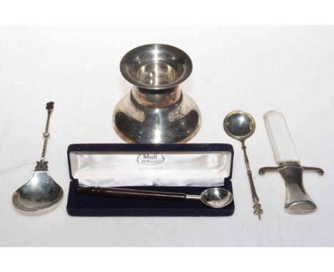 Continental silver stand, anointing spoon, and other spoon, silver handled paper knife and boxed miniature ladle (5).