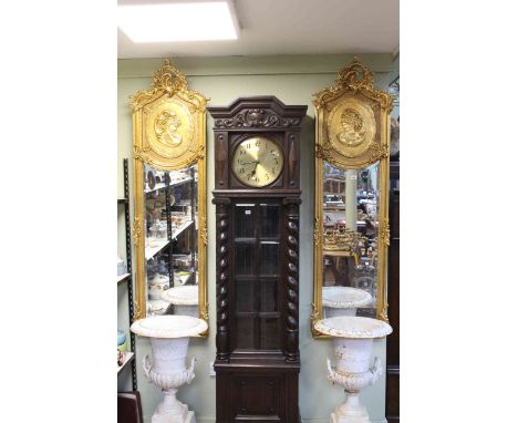 Pair rectangular gilt portrait and bevelled wall mirrors, 180cm by 53cm.