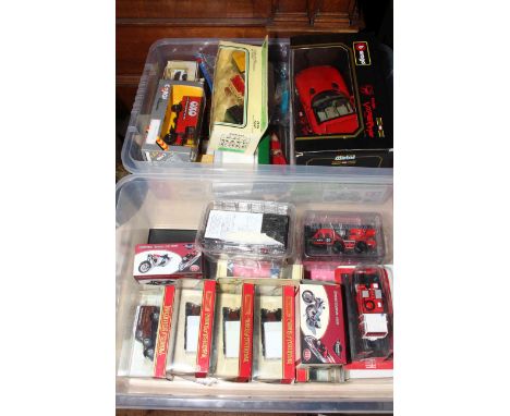 Two boxes of boxed model vehicles including Burago, Models of Yesteryear, Corgi, etc.