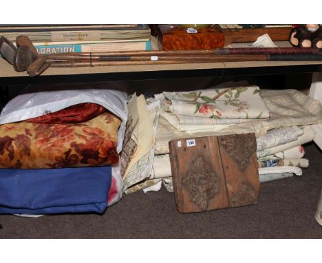 Collection of assorted linens of varying lengths and widths including John Lewis print, wood print block, etc.