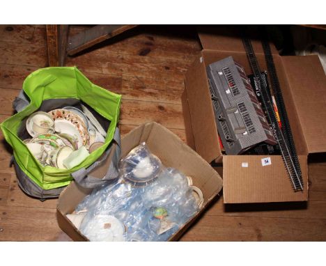 Collection of china trios and box of model railway accessories.
