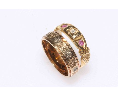 15 carat gold tiny ruby and diamond ring, and 9 carat gold band ring, both size M.